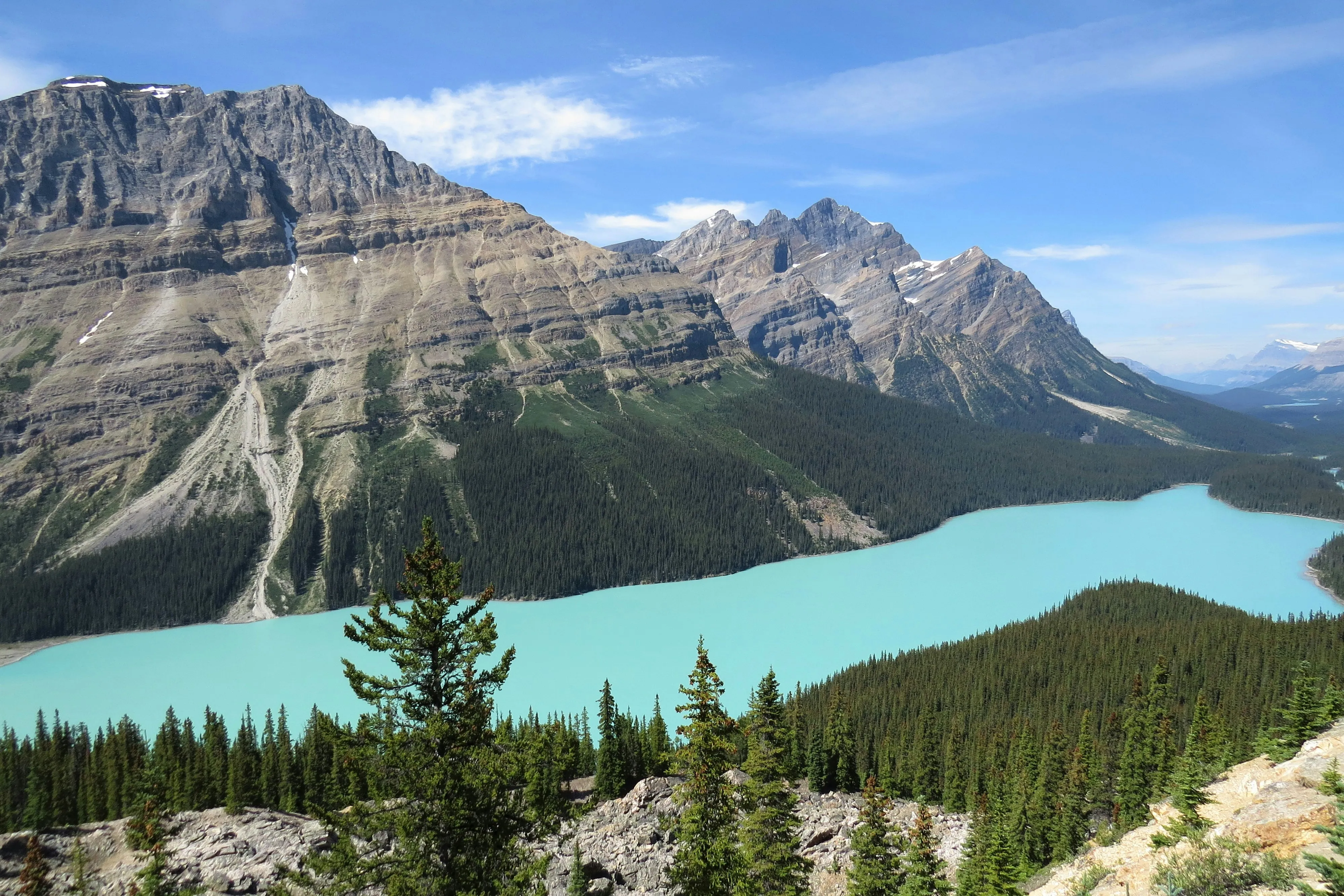 Majestic mountain vista overlooking the turquoise waters of Peyto Lake.